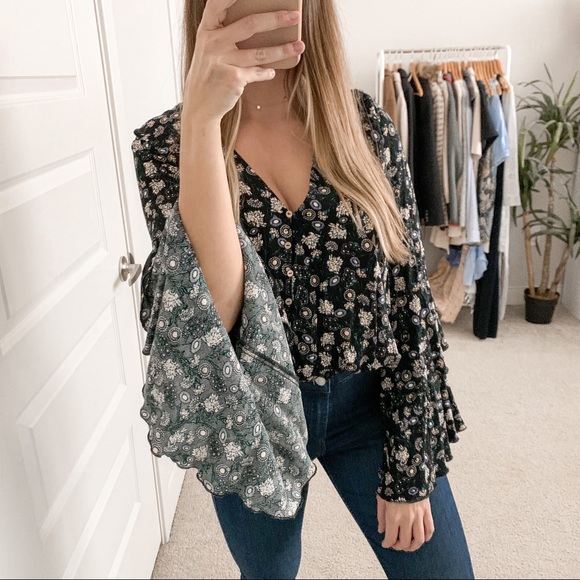 Free People Tops - Free People She's Dainty Floral Bodysuit Black